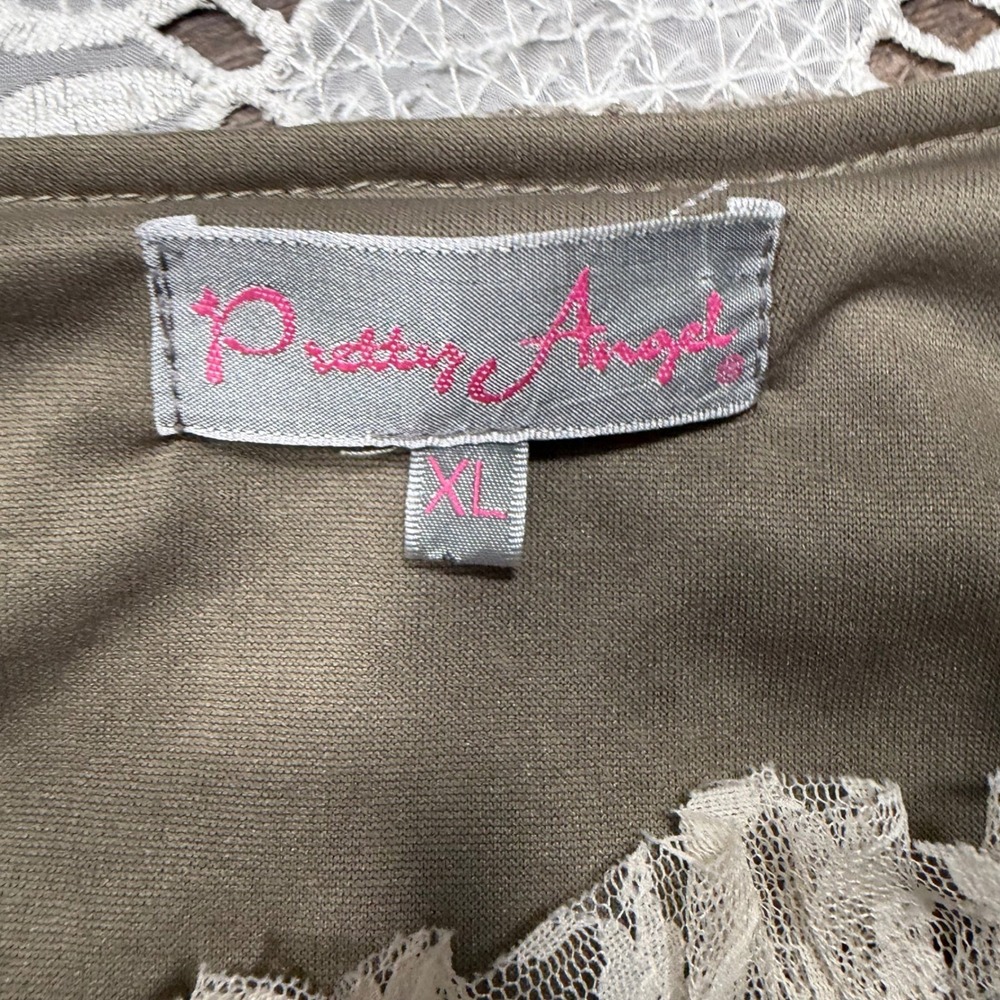 Y2K Pretty Angel Boho Lace Beaded Top Olive Taupe XL Linen Blend Cottagecore - Picture 3 of 7